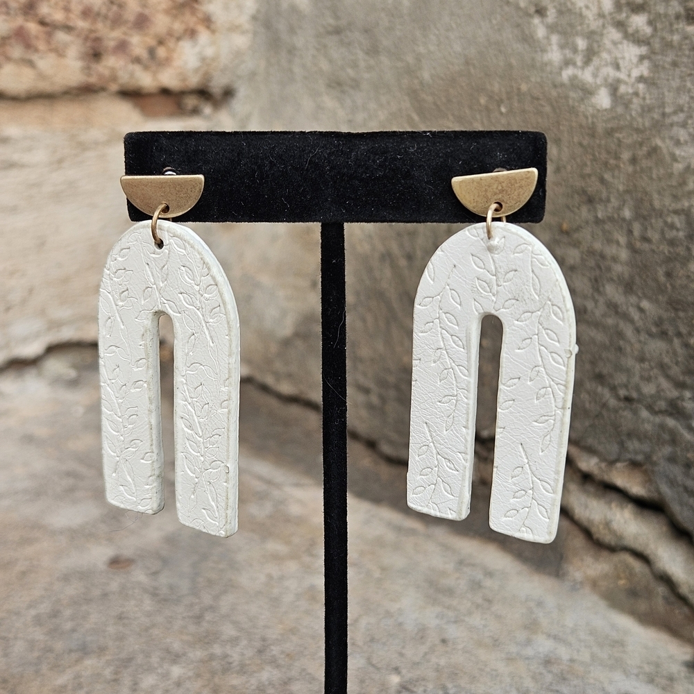 White Tooled Leather and Gold Arch Earrings Statement Women's Jewelry